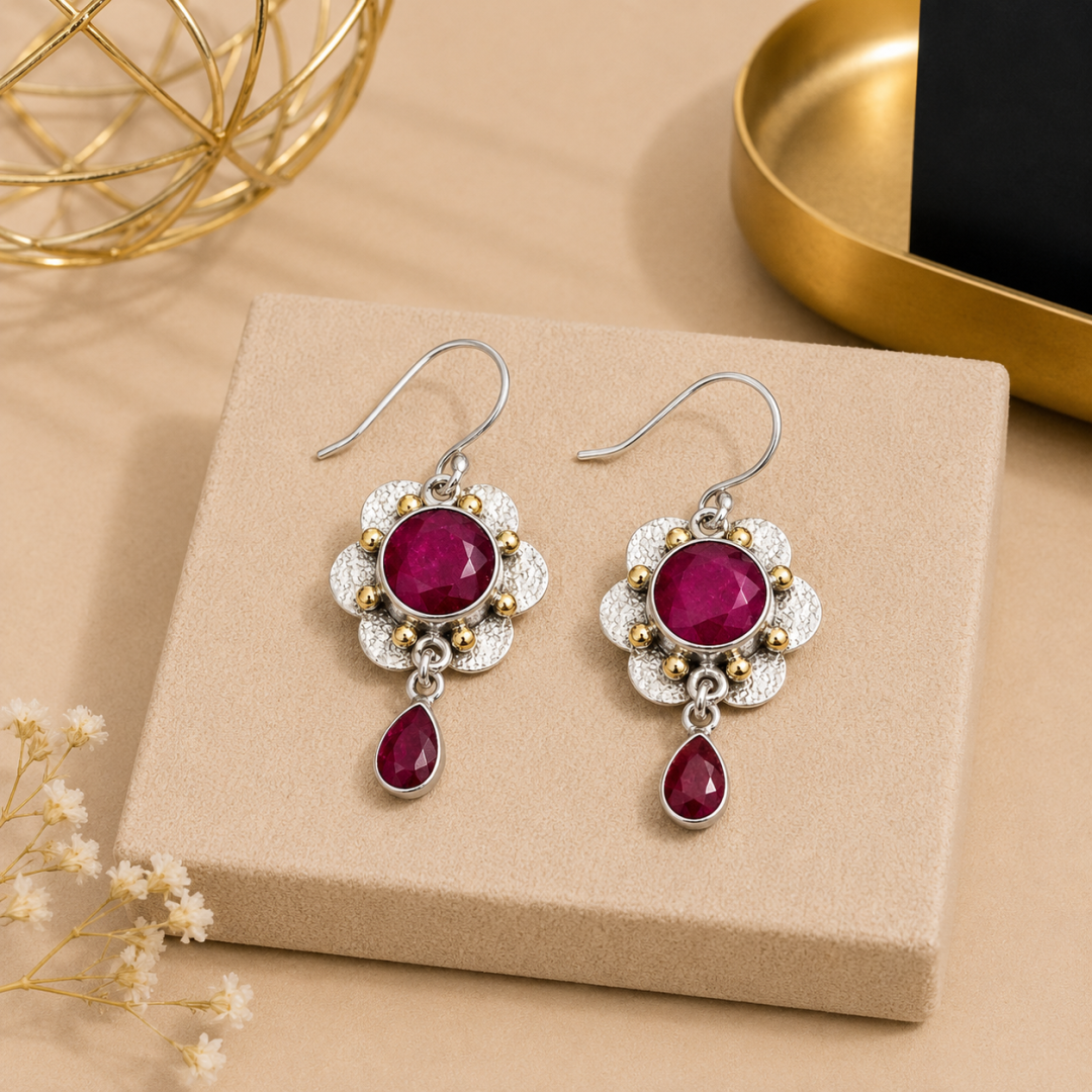Ruby oval cut dangle earrings with Bohemian design set in 925 silver, 38mm hanging length
